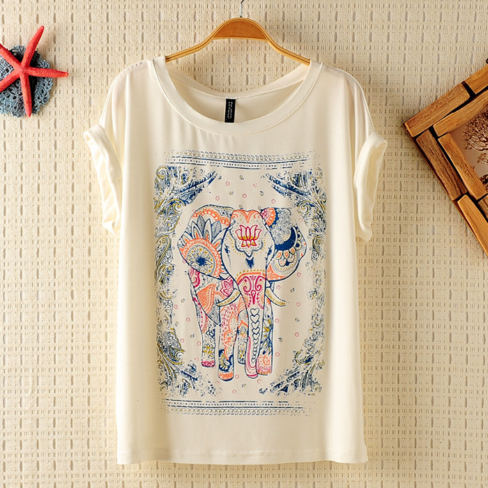 Vintage Lovely Elephant Print T-shirt White