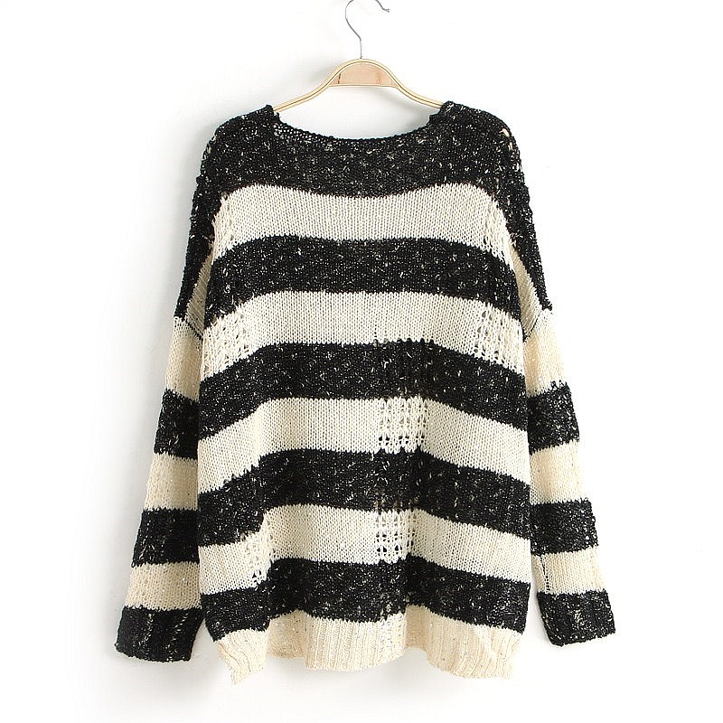 Black & White Stripe Loose Sweater on Luulla